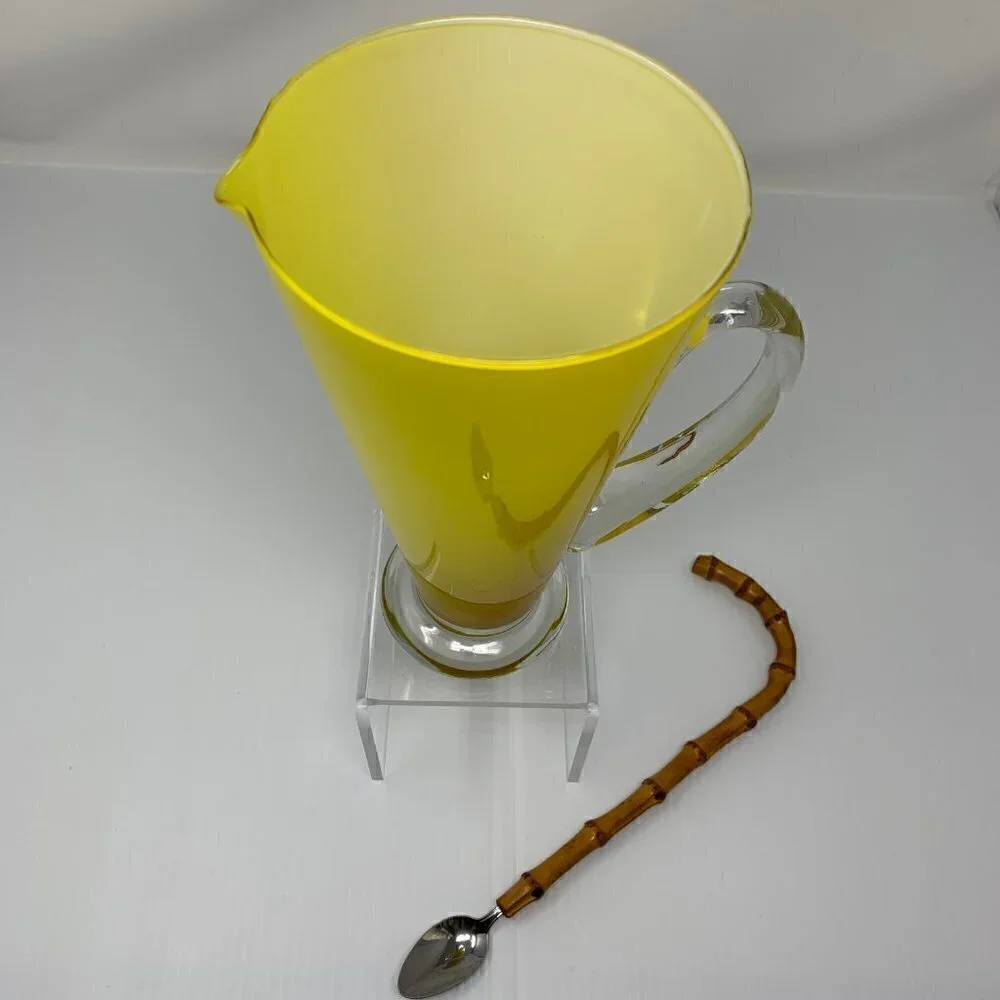 Yellow Art Glass Beverage Pitcher Bamboo Spoon Vintage Barware Cocktails